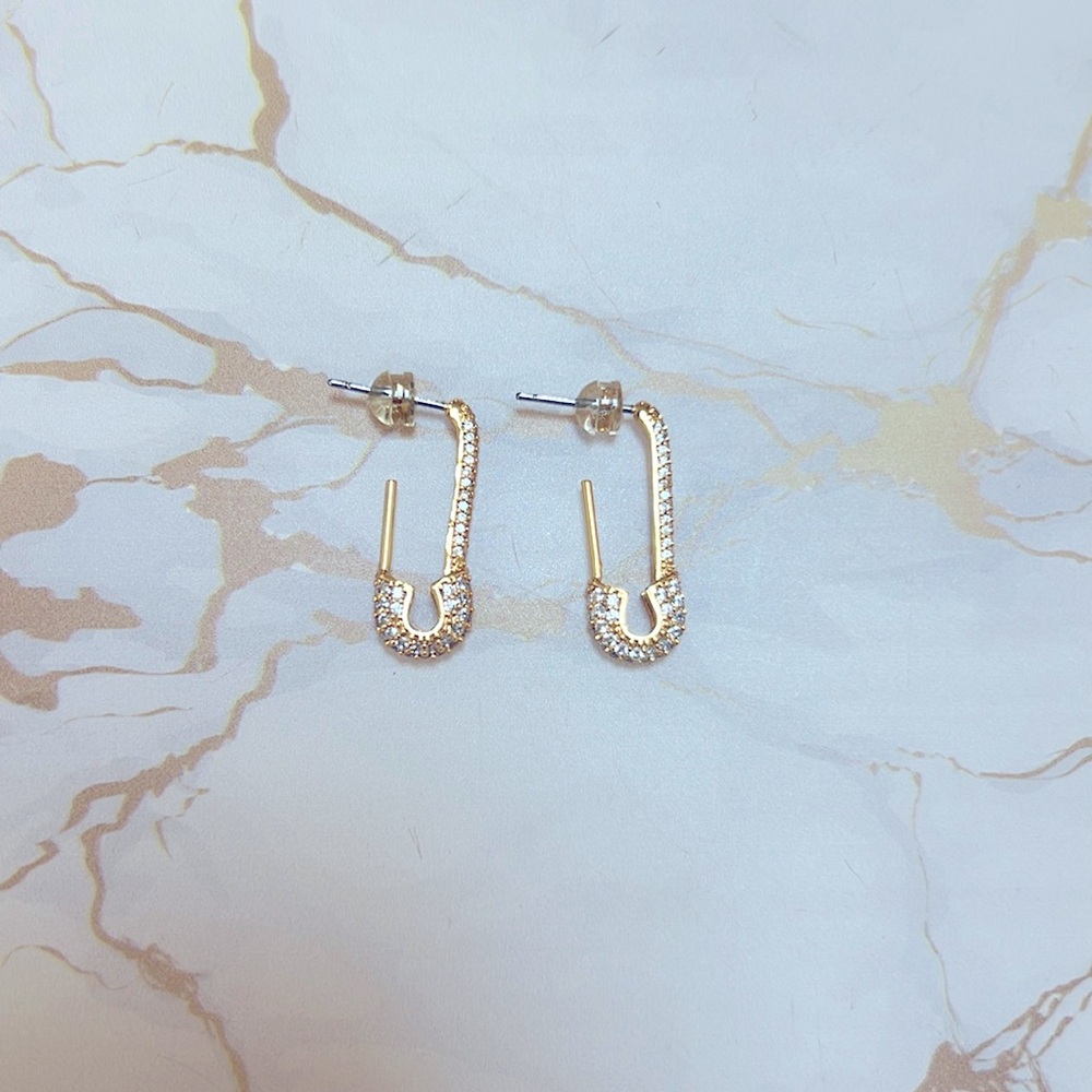 Gold and crystal safety pin earrings